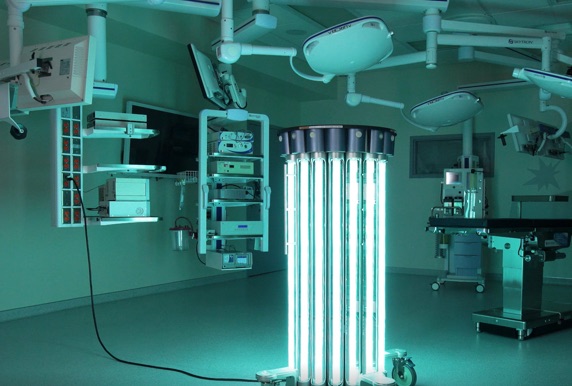 Picture of Iris machines and equipment in an operation room. UV light disinfecting robot will help destroy 99.9 percent of viruses and bacteria.