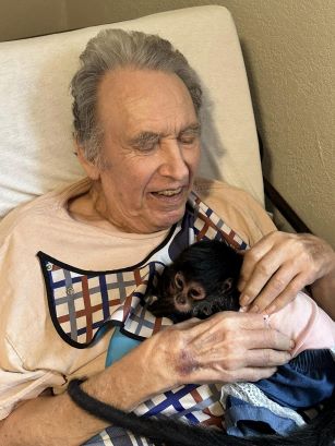 an old, gray-haired man lying down smiling while holding a small monkey named Pixie