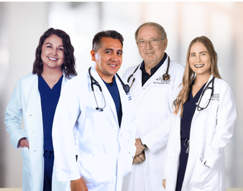 Ganado Providers L to R: Chelsey Taylor, FNP-C; Dr. Cesar Maldonado; Ron Kosanke, PA-C; and Bridget Hubenak, PA-CClinic staff standing together wearing white coats