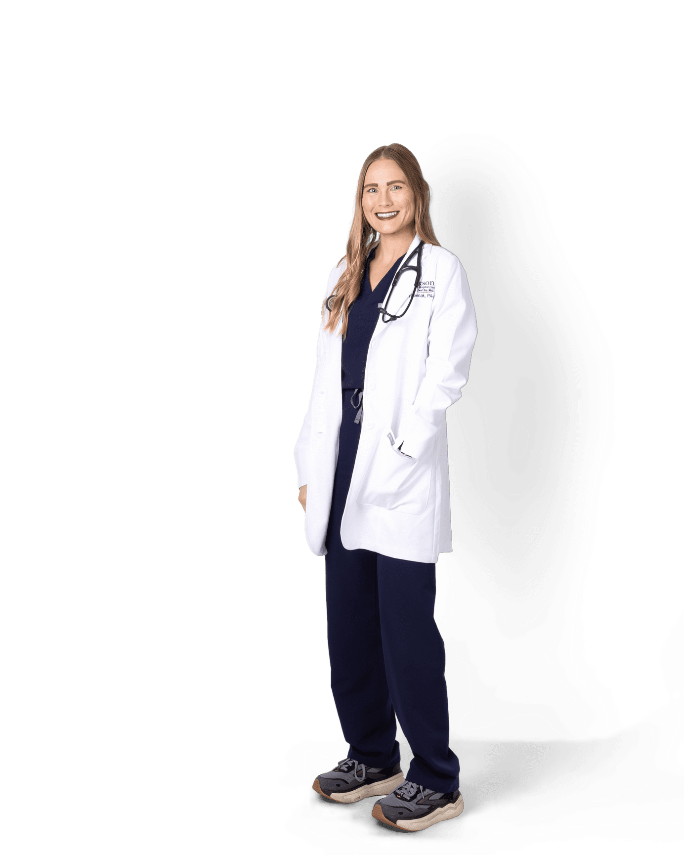 Bridget Hubenak, PA, in white lab coat.