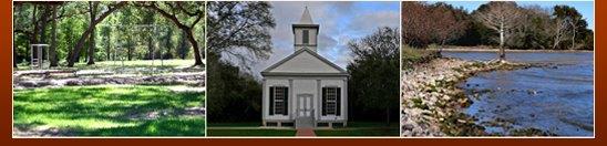 Three Pictures of the community in Jackson County, Texas. There is a picture of a park, a historical church, and body of water with a shoreline.